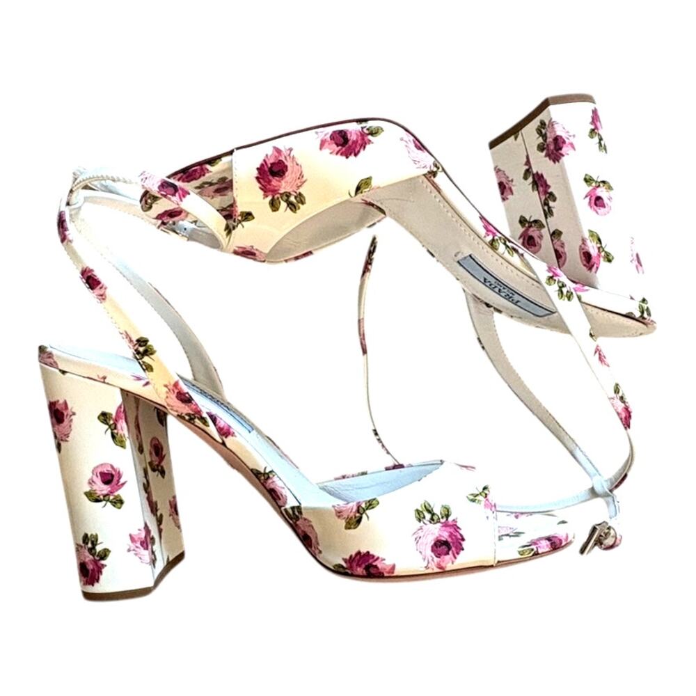 NWT Prada Floral Patent Leather Strappy Slingback Open Toe Heels | Size 36